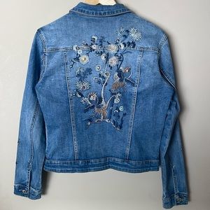 Frank Lyman Design Peacock Embroidered Studded Fancy Stretch Denim Jacket Small